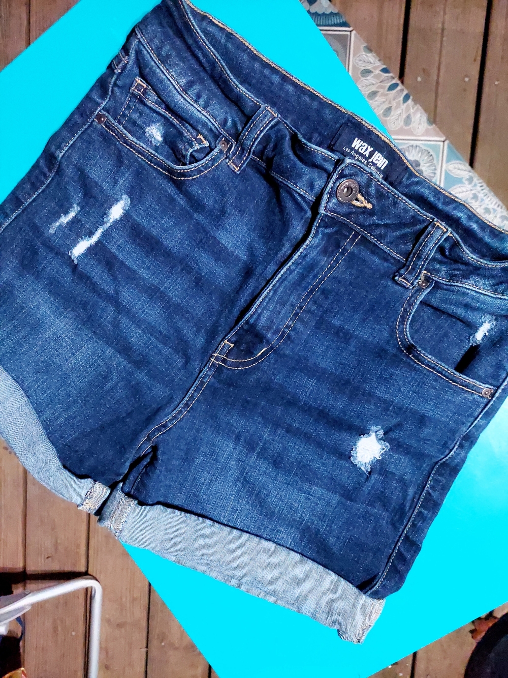 Wax Jean Cuffed Dark Wash Denim Shorts - Lightly Distressed, Stretch, Cotton
